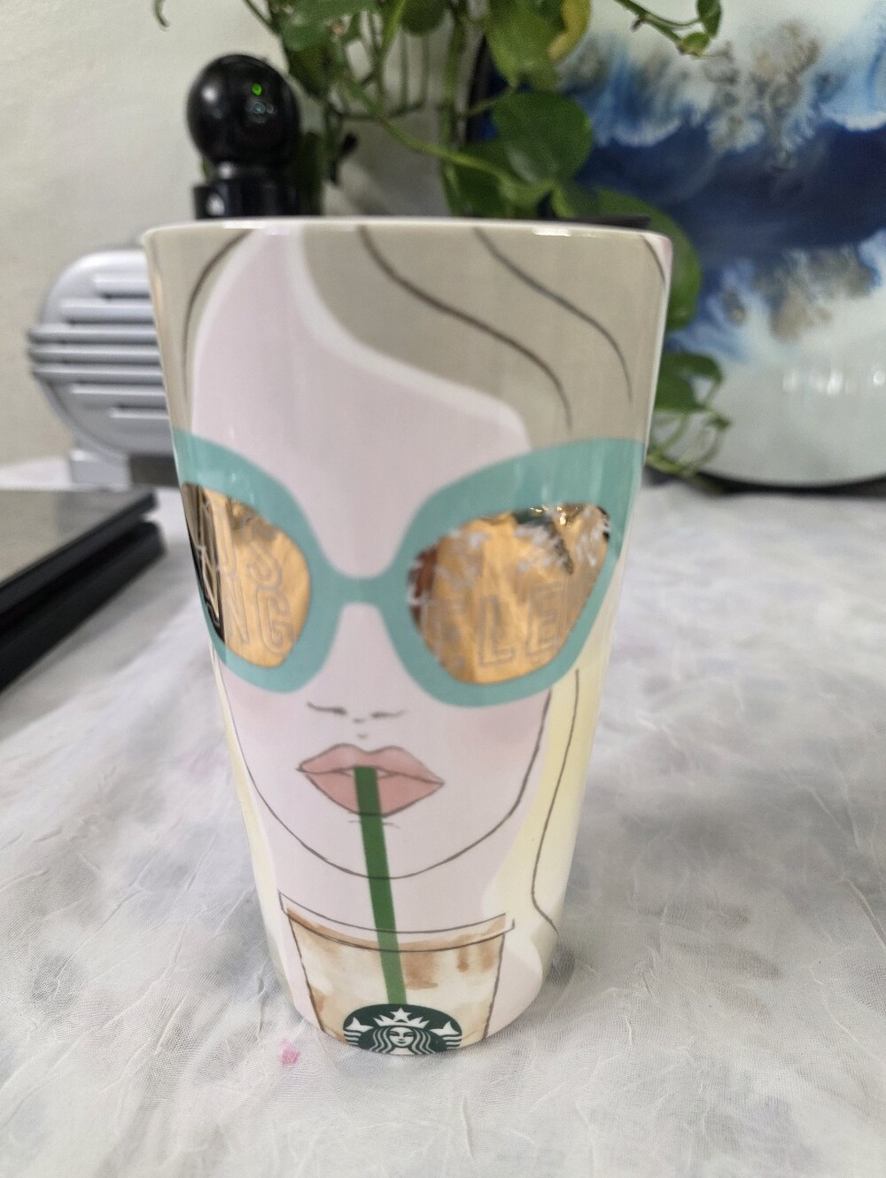 Starbucks Ceramic Tumbler with Pink Face and Teal Sunglasses